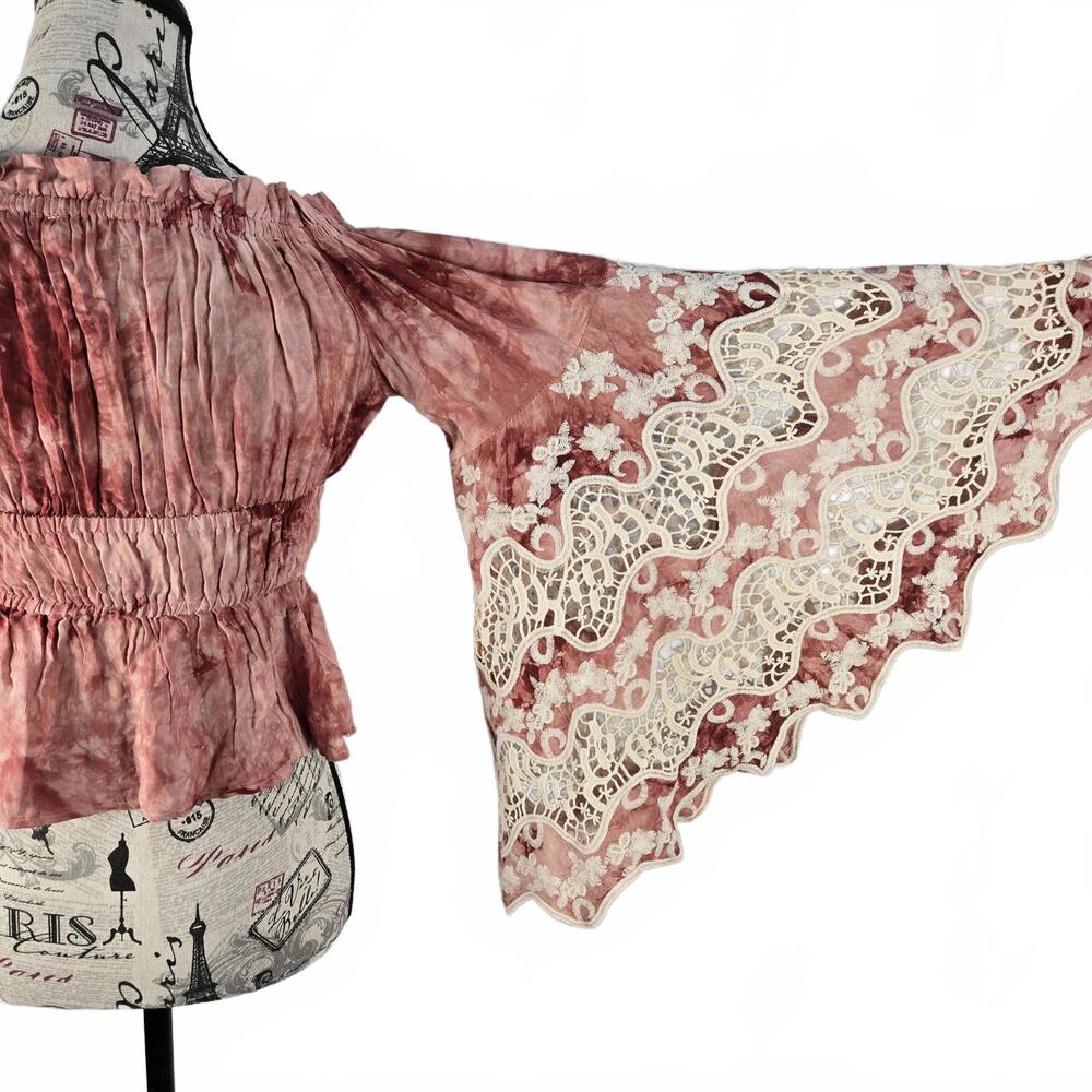 Venus Boho Tie Dye Lace Bell Sleeve Peasant Top Rose Pink Smocked Waist Small 4 - Picture 5 of 9